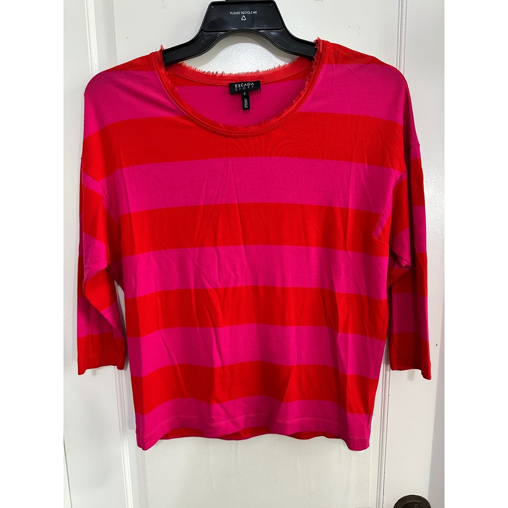 Escada Sport Top Size S Red Pink Striped Raw Edge 3/4 Sleeve Casual size Small